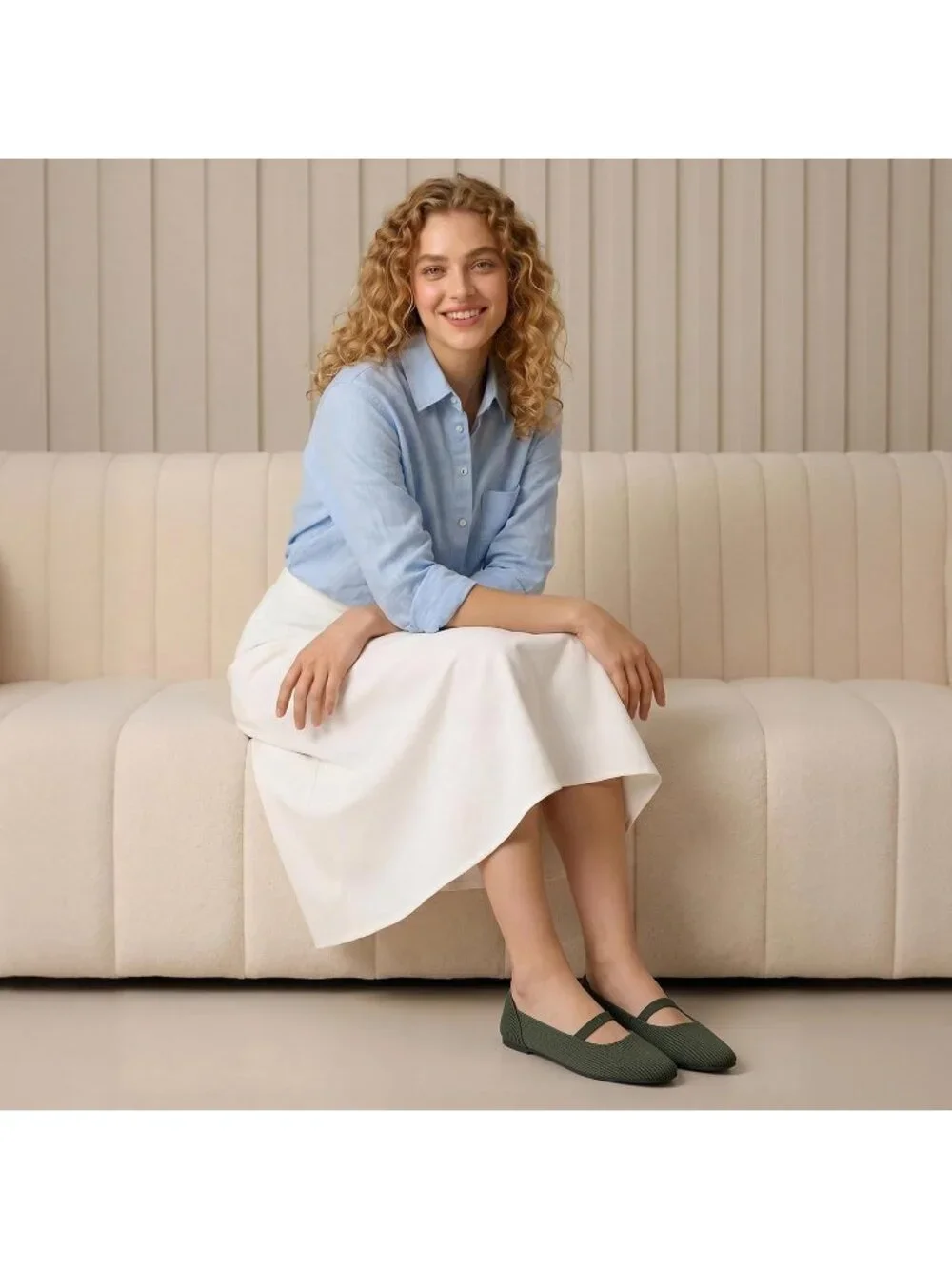 Women's Green Mary Jane Flats Pointed Toe Breathable Knit Slip On Flat Shoes